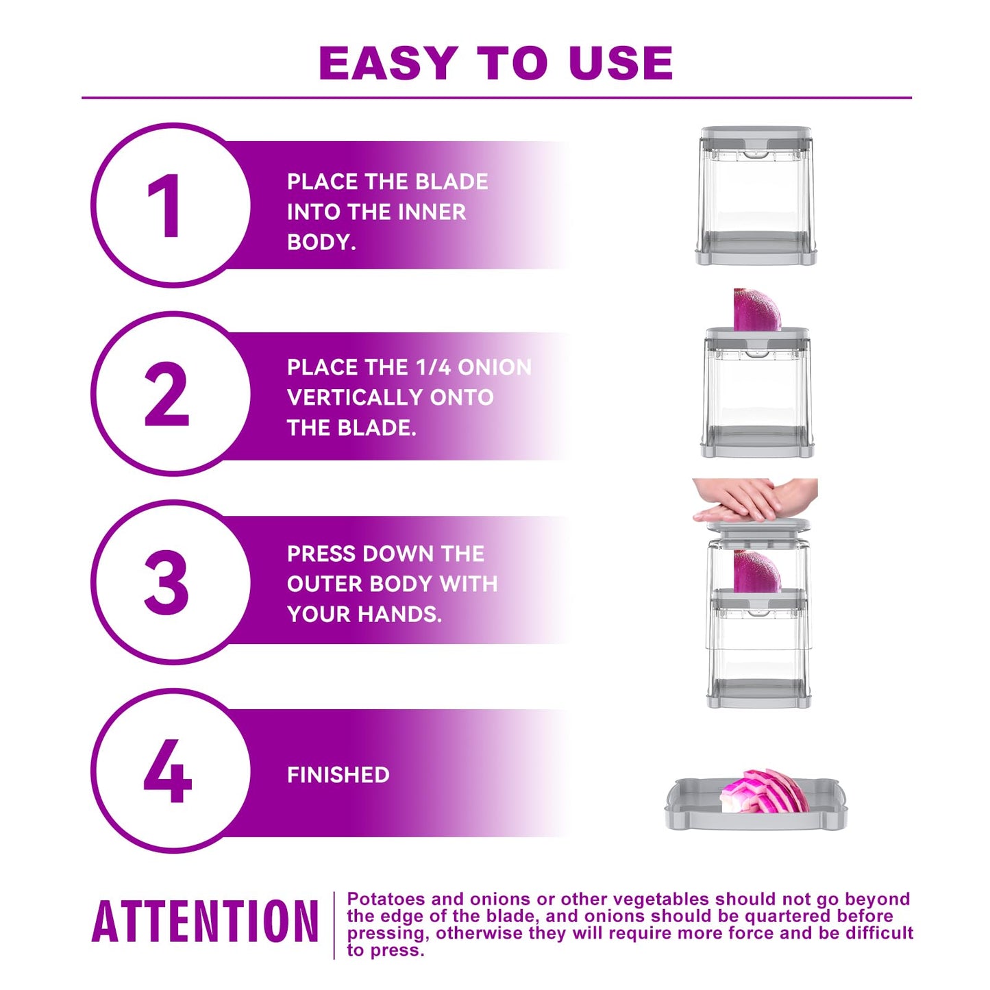 French Fry Cutter 4-in-1 – Potato Cutter for Fries, Onion Dicer, Food Chopper & Apple Slicer – Manual Hand Vegetable Cutter with 4 Blades