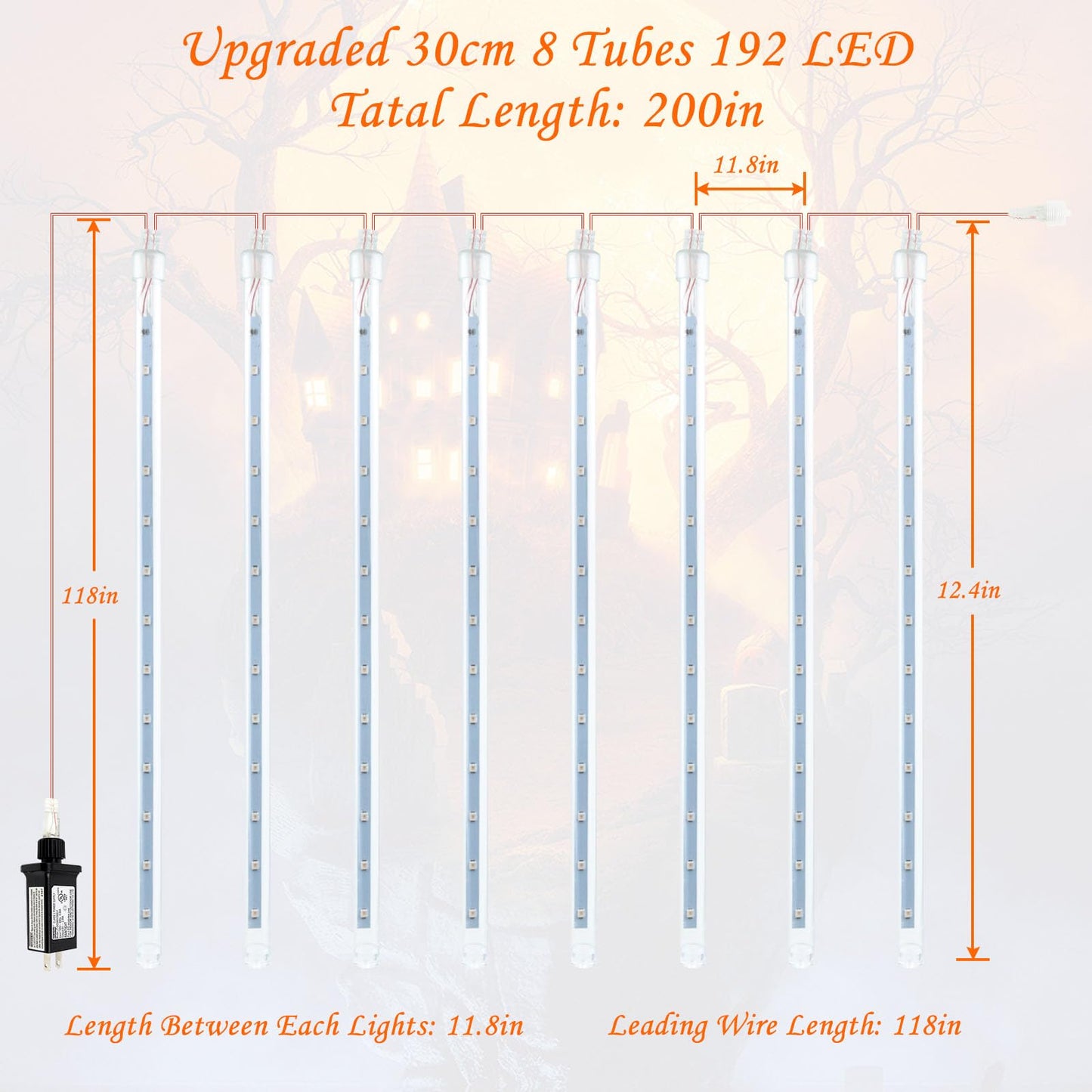 Halloween Lights Outdoor, 2 Pack Extendable Meteor Shower Lights Outdoor Waterproof with Timer, Total 384 LED 30cm 16 Tubes Cascading String Light Plug in for Halloween Yard Party (Orange and Purple)