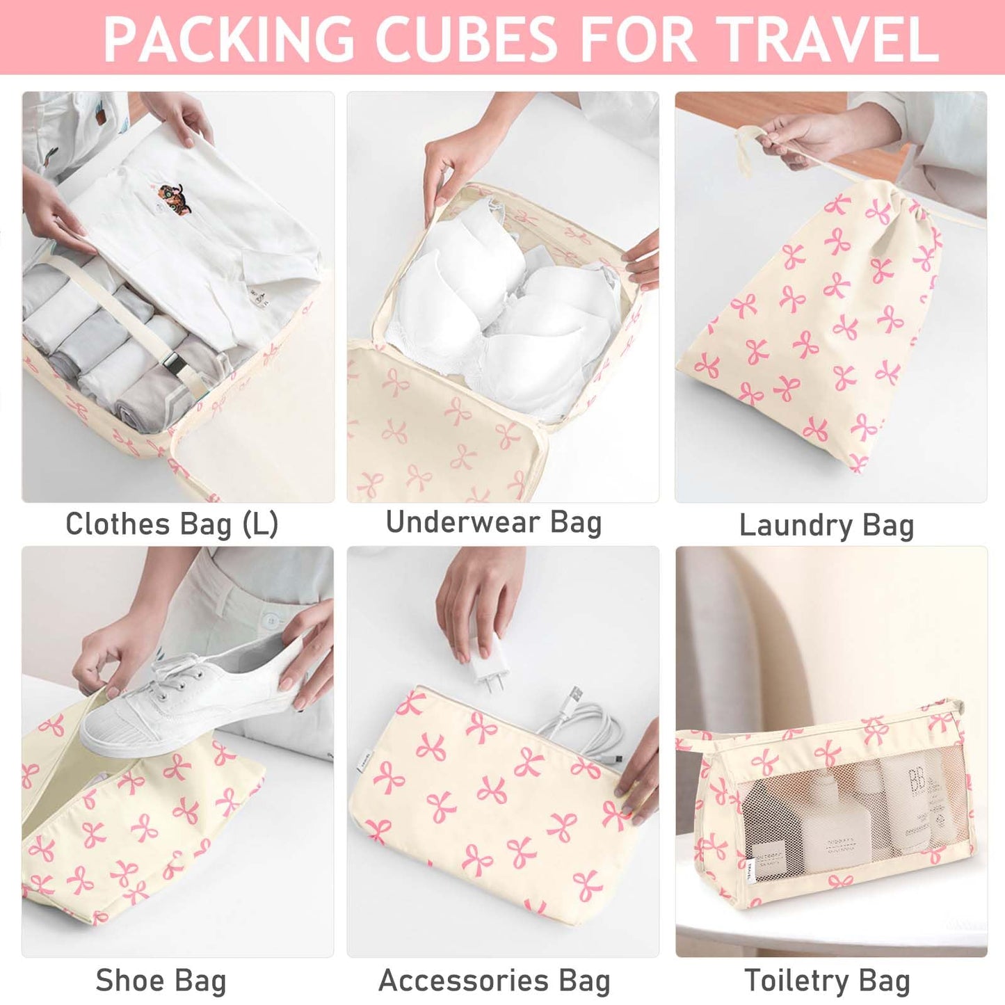 KPX 8 Set Packing Cubes for Travel, Luggage Packing Organizers Accessories Large Toiletries Bag for Clothes Shoes Cosmetics (8Set-Pink Bow)