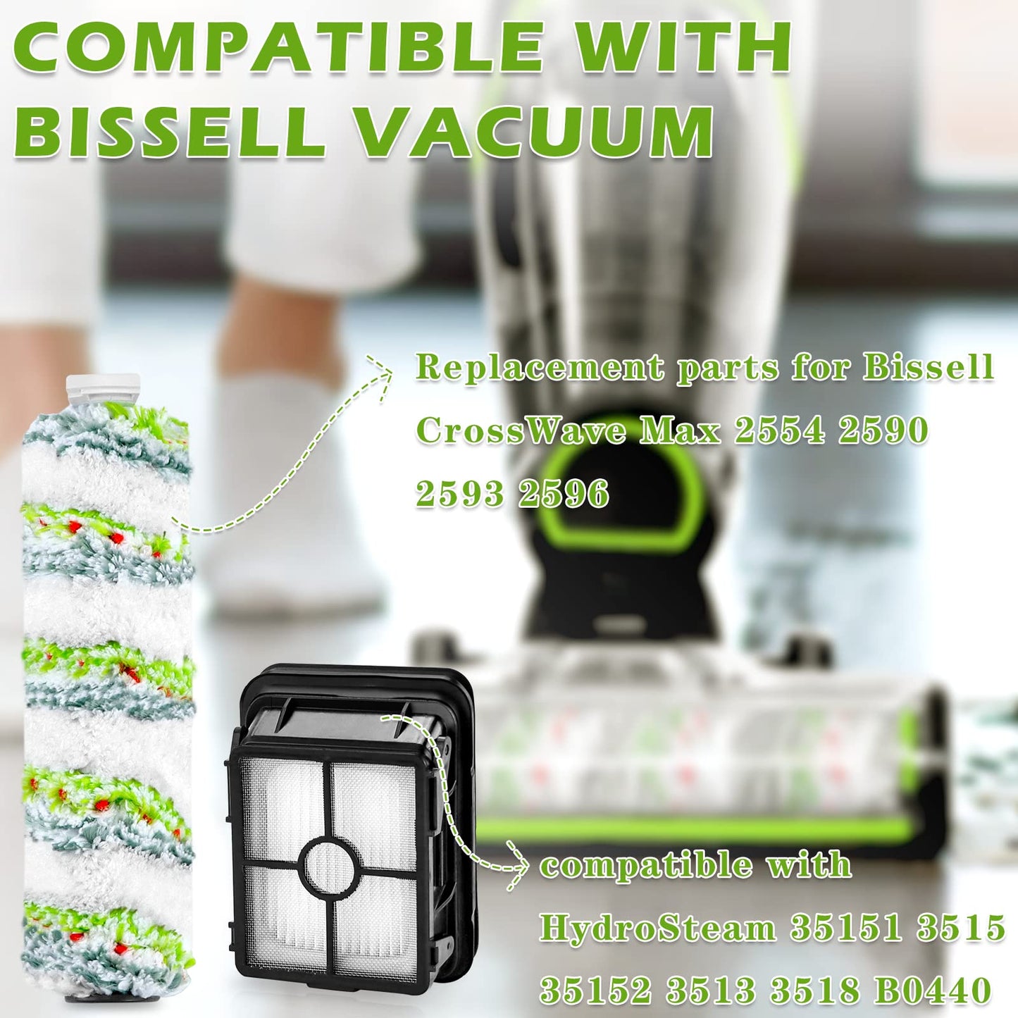 2554 2554A 2590 2593 2596 Replacement Parts for Bissell CrossWave Max and HydroSteam 35151 3515 35152 3513 3518, 3 Pack CrossWave Pet Brush Rolls 2788 and 3 Pack Filters 1866, 1618641 1608684 LUXRILIX