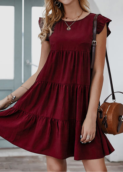 KIRUNDO Wedding Guest Dresses for Women Short Summer Sleeveless Ruffle Sleeve Round Neck Loose Short Flowy Pleated Tiered Mini Dress (Wine Red, X-Large)