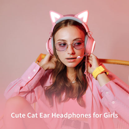 EASARS Pink Gaming Headset GS510, Wired, Over Ear, Cat Ear Design with RGB Lighting, 7.1 Surround Sound, Retractable Mic, Compatible with PC, PS4, PS5