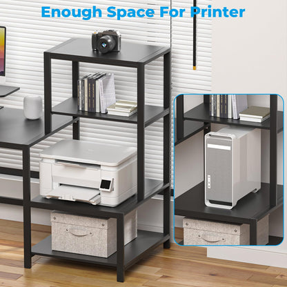 GreenForest Computer Desk 58 inch with Printer Shelf, Reversible Office Desk with Monitor Stand and 2 Hooks, Home Workstation for Study Writing Working Gaming, Black