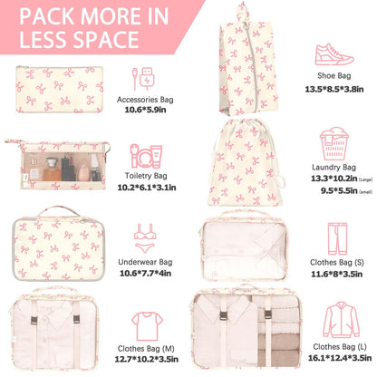 KPX 8 Set Packing Cubes for Travel, Luggage Packing Organizers Accessories Large Toiletries Bag for Clothes Shoes Cosmetics (8Set-Pink Bow)