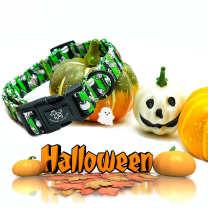 Elegant little tail Halloween Dog Collar, Ghosts Print Fall Male Cute Puppy Adjustable Cotton Pet Collar with Quick Release Buckle for Small Medium Large Dogs