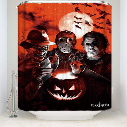 Halloween Shower Curtain Set for Bathroom- Scary Killer Freddy Jason Michael, Horror Movie Themed Holiday Polyester Fabric Decoration with Hooks and Toilet Sticker, Halloween Decor 72x72