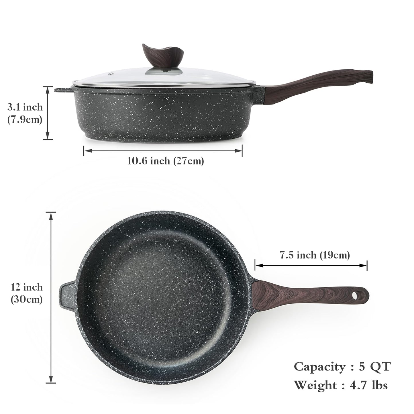 Kordisen Nonstick Deep Frying Pan with Lid, 12 Inch Large Skillet, 5 Qt Non Stick Saute Pan for Cooking, Healthy Induction Cookware, PFOA Free