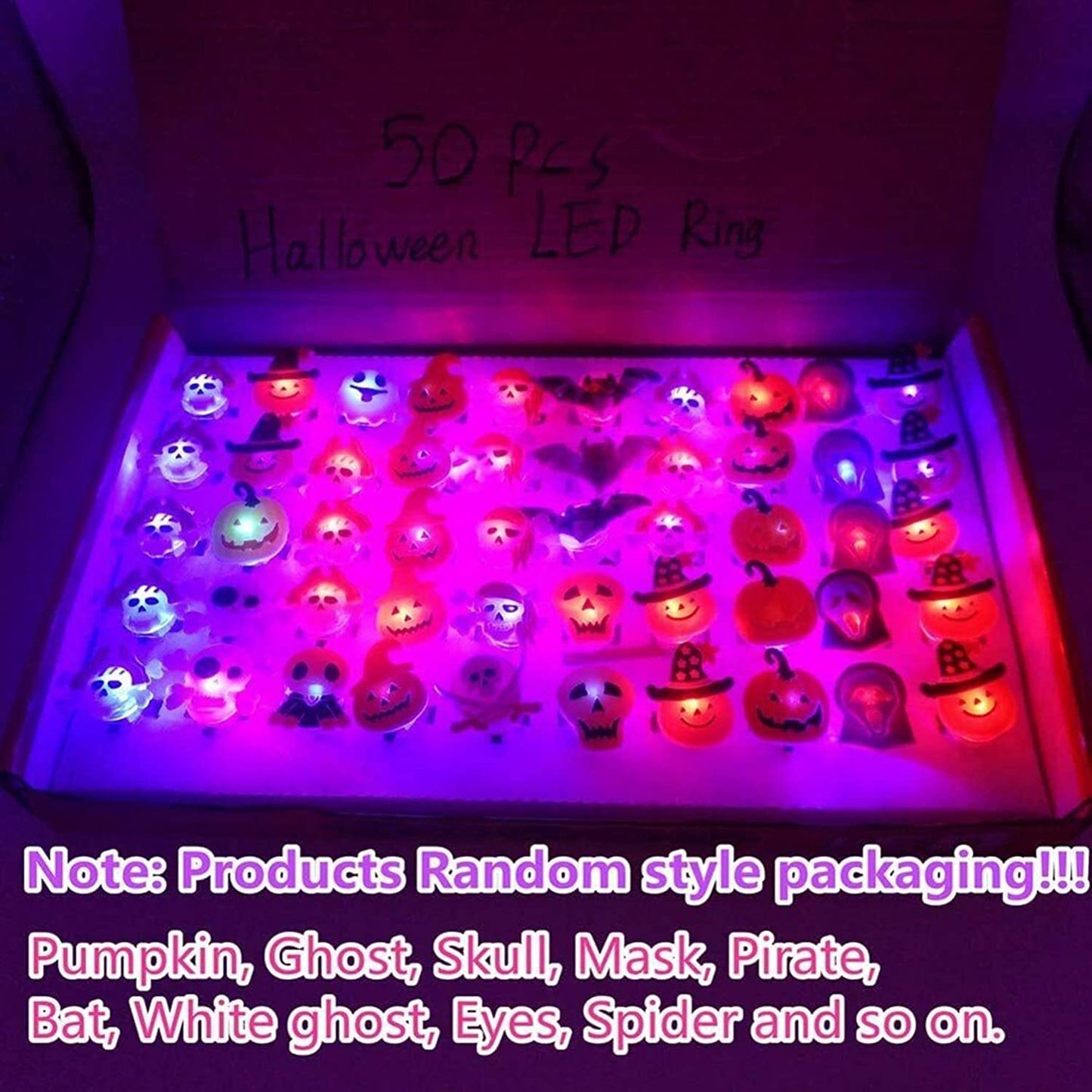 Halloween Light Up Rings 50Pcs Halloween Party Favors for kid Light Up Treat Glowing LED Ring for Kids Adults