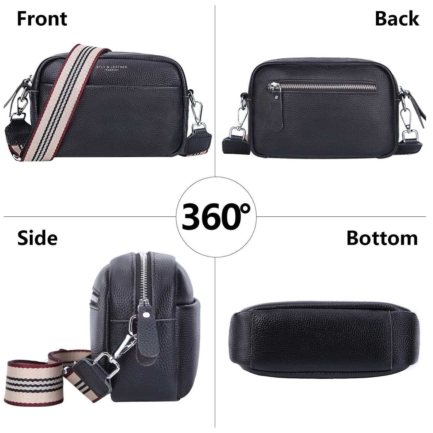 Crossbody Bag for Women Genuine Leather Wide Strap Shoulder Bag Purse Trendy Design Camera Crossbody Purse Top Zip