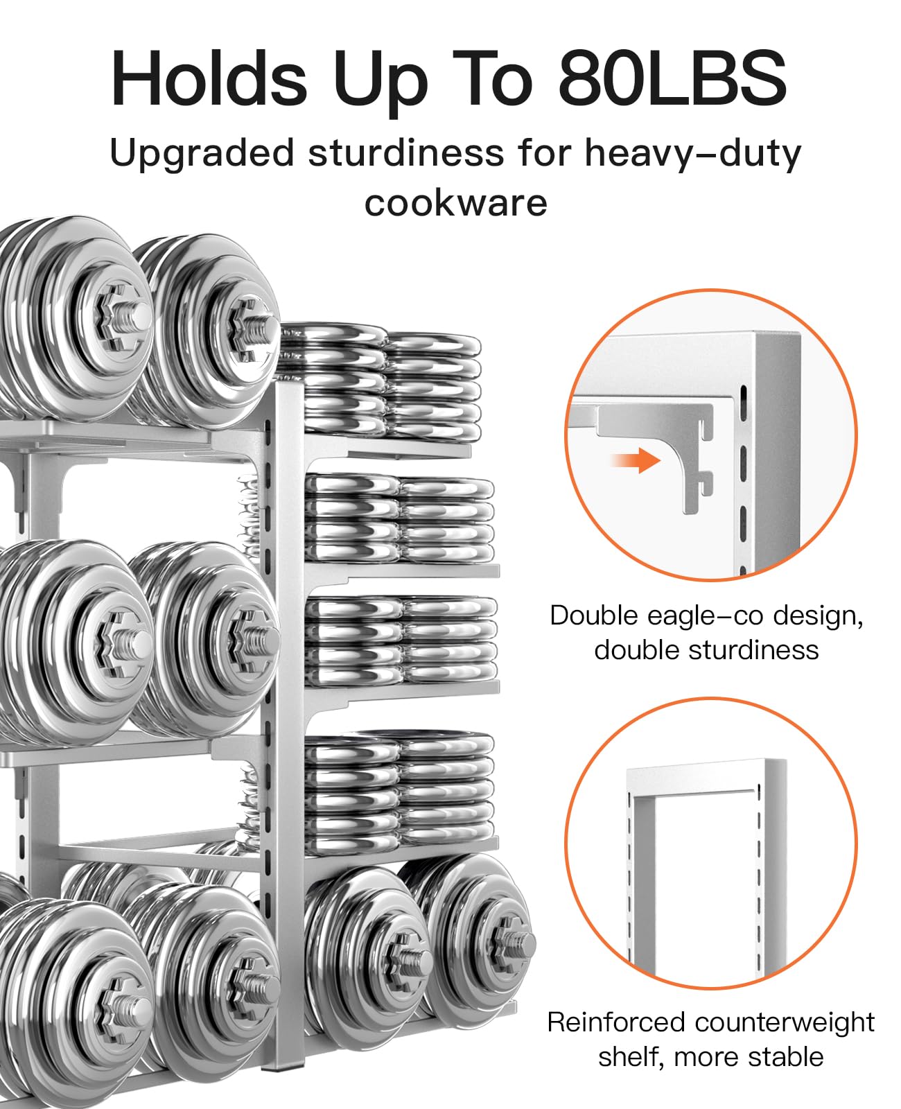 ORDORA Pots and Pans Organizer for Cabinet 16.61'' Height, 8 Tier Pot Organizers Rack with 3 DIY Methods, Adjustable Pan Organizer under Cabinet Kitchen Organization and Storage