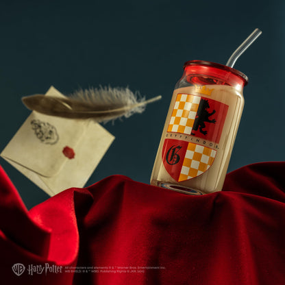 JoyJolt Harry Potter House Crests Glass Tumblers with Lids and Straws, 16oz Glass Cups with Lids and Straws, Can Shaped Drinking Glasses Set of 4, Hogwarts Cup, Harry Potter Merchandise