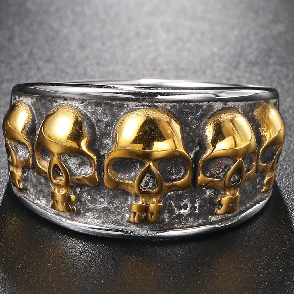 Jude Jewelers Retro Vintage Stainless Steel Gothic Death Skull Skeleton Cocktail Party Biker Statement Halloween Ring (Silver Gold, 9.5)