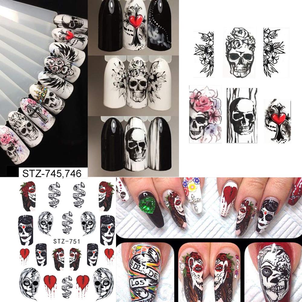 Halloween Nail Stickers - 24 Sheets Day of The Dead Water Transfer Nail Decals Ghost Spider Face Web Witch Skeleton Nail Art Stickers Wraps Manicure Tips Strips Decoration for Halloween Party Supply