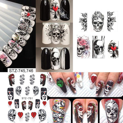 Halloween Nail Stickers - 24 Sheets Day of The Dead Water Transfer Nail Decals Ghost Spider Face Web Witch Skeleton Nail Art Stickers Wraps Manicure Tips Strips Decoration for Halloween Party Supply