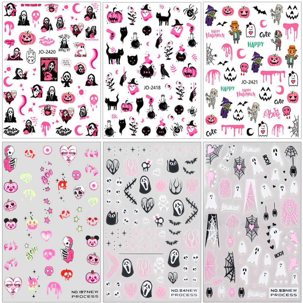 Halloween Nail Stickers, Halloween Nail Art Decals 3D Self-Adhesive Pink Ghost Skull Spider Pumpkin Nail Design DIY Holiday Nail Decoration for Party (6 Sheets)