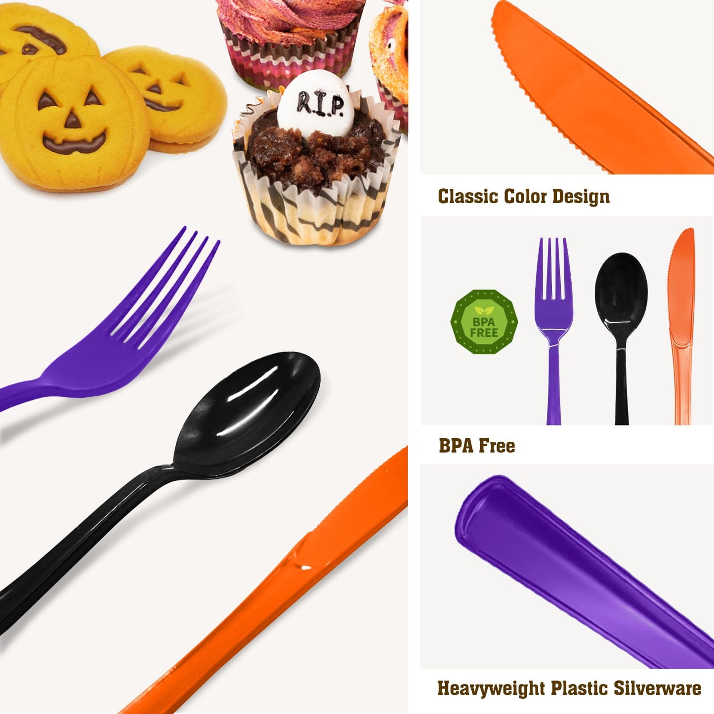 153 Pcs Halloween Plastic Silverware Heavy Duty Disposable Tableware Sets Includes Spoons Forks Knives for Halloween Party Supplies (Black Orange Purple)