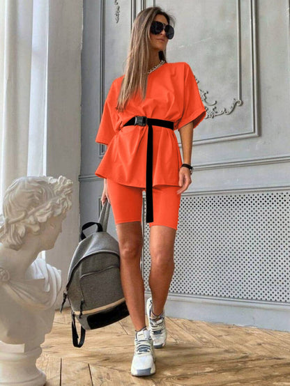 Glamaker Women 2 Piece Outfit sets Casual Oversized T-Shirt Tops Biker Shorts Workout Sport Tracksuit Fluorescent Orange Small