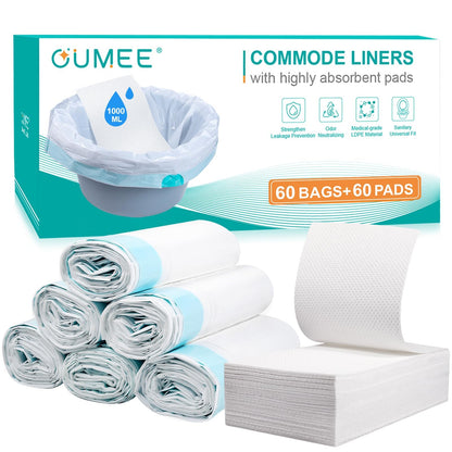 60 Commode Liners with Absorbent Pads, 60 Bedside Commode Liners and 60 Pads for Commode Bucket, Disposable Commode Bags for Adults, Portable Leak-Proof Potty Chair Liners (21 * 16in-60+60)