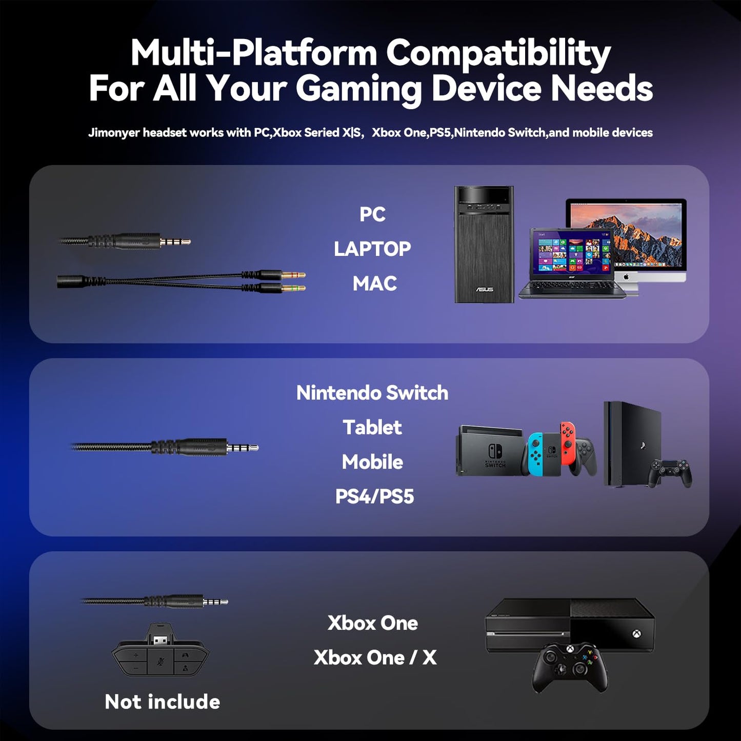 Jimonyer Gaming Headset for PC/PS4/PS5/Xbox One/Switch, Stereo Surround Sound Gaming Headphones with Noise Canceling Flexible Mic, Computer Headset with 3.5mm Jack & RGB Light(Blue)