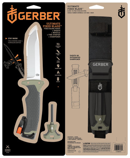 Gerber Gear Ultimate Survival Knife, Fixed Blade Knife with Combo Edge, includes Fire Starter Edge and Ferro Rod, Whistle, Sheath with Integrated Sharpener - Bushcraft, Hunting and Camping Tool