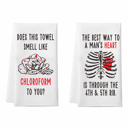 2 Pack Funny Gothic Kitchen Towels, Serial Killer Gifts for Women, True Crime Chloroform Bathroom Towels, Halloween Goth Home Decor, Morbid Podcast Merch, Does This Towel Smell Like Chloroform to You