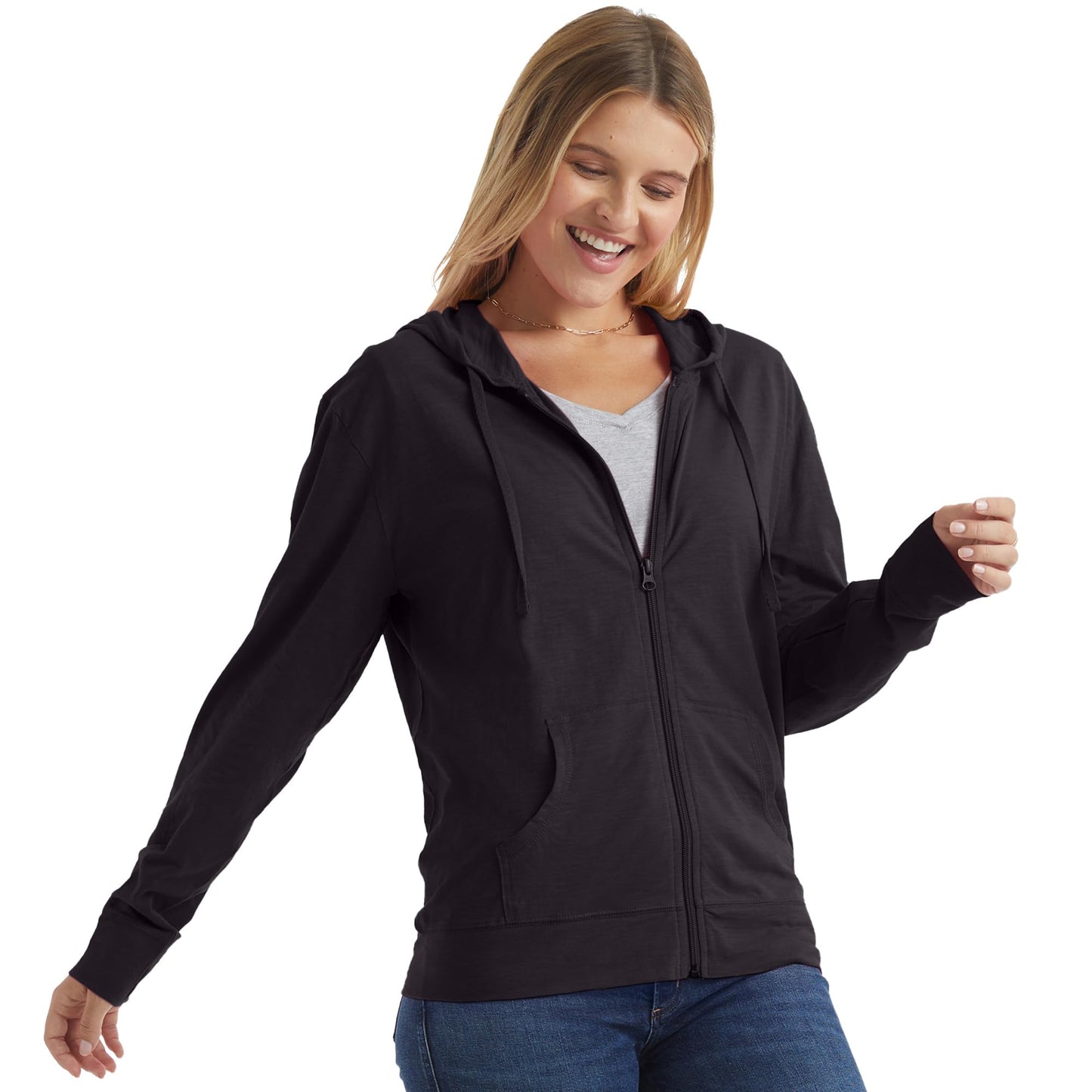 Hanes Women's Slub Jersey Hoodie, Black, Large