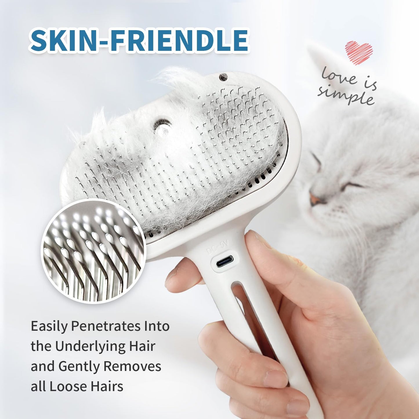 Herokitty 3 In 1 Self Cleaning Steamy Pet Brush - Anti-Static, Grooming Tool for Long and Short Hair Pets, Removes Loose Hair and Reduces Shedding, White