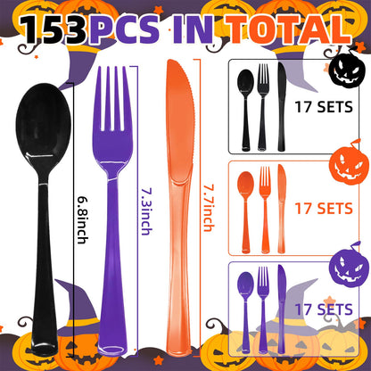 153 Pcs Halloween Plastic Silverware Heavy Duty Disposable Tableware Sets Includes Spoons Forks Knives for Halloween Party Supplies (Black Orange Purple)