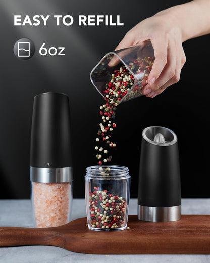 FORLIM Gravity Electric Salt and Pepper Grinder Set, Automatic Pepper Grinder Shakers Mill, Upgraded Batteries Powered Adjustable Coarseness with LED, One Hand Operation Perfect for Kitchen(Black)