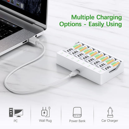 EBL Rechargeable AA Batteries 8 Pack, Ni-MH 2800mAh Double A Battery and 8-Bay AA AAA Individual USB Battery Charger for NIMH NiCd Battery
