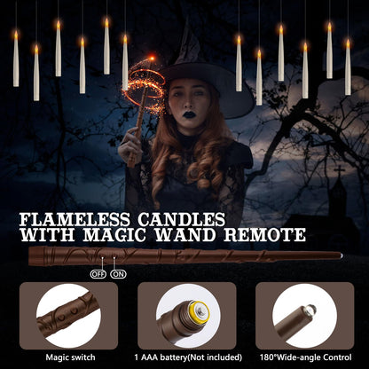 Floating Candles with Wand Remote, 20 Pcs Magic Halloween Hanging Candles, Flickering Warmer Light Flameless LED Candles with DIY Sticker, Battery Operated Halloween Decorations Gifts Indoor (20)