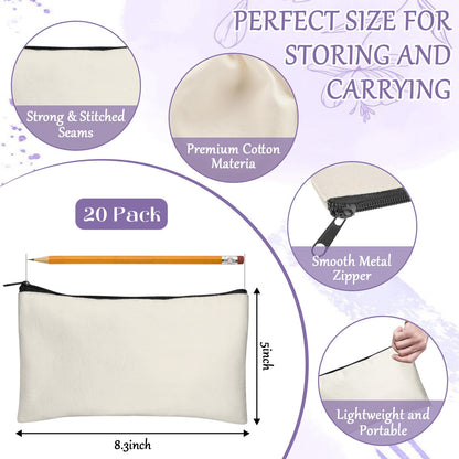 Legigo 20 Pack Blank DIY Craft Bag Canvas Pencil Case Blank Makeup Bags- Beige Canvas Pencil Pouch Bulk Canvas Cosmetic Bag Multi-Purpose Travel Toiletry Bag Canvas Zipper Bags 8.3 × 5 Inch
