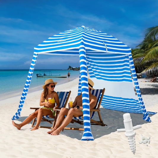 Grandekor Upgraded 6'×6' Pop Up Beach Canopy Tent for Family & Kids UPF 50+ Sun Shelter for Pool Camping with Sand Anchor Sidewall Bold Blue White Stripe