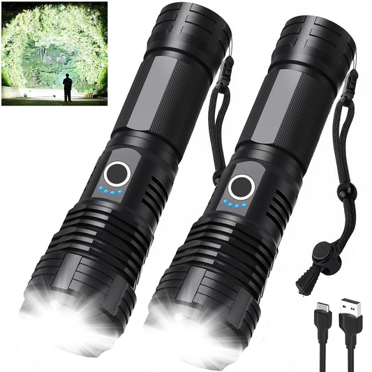 Led Flashlights 90,000 Lumen High Lumens Rechargeable 2 Pack, Brightest Flash Light with 5 Modes & 18H Runtime, IPX7 Waterproof, Powerful Handheld Flashlights for Home Camping Hiking