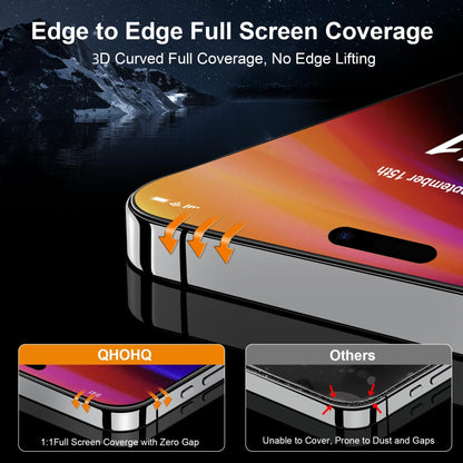 QHOHQ for iPhone 16 Pro Screen Protector with Camera Lens Protector, [Military Grade Shatterproof], Top 9H+ Tempered Glass, Full Edge Coverage, Ultra Durable, with Easy Installation Tool [3+3 Pack]