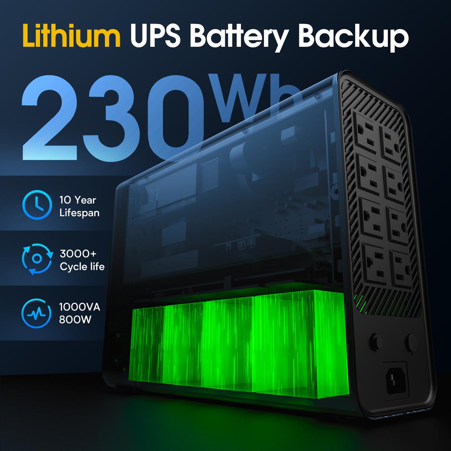 GOLDENMATE 1000VA/800W Lithium UPS Battery Backup & Surge Protector, Backup Battery Power Supply with LiFePO4 Batteries(230.4 Wh), Sinewave UPS System, 10 Years Lifespan, 8 Ports, LCD Display, Gray