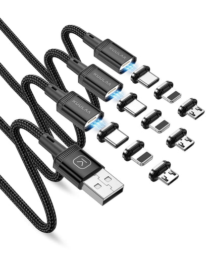 Kuulaa 3Pack Magnetic Charging Cable Magnetic Lightning Cable Magnetic Phone Charger 3A Fast Charging with 3 in 1 Charging Tips Nylon-Braided Phone Cable Compatible for All Device