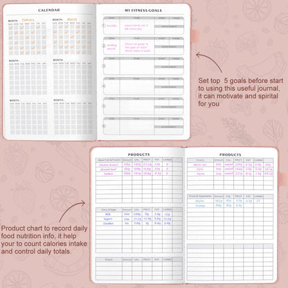EPEWIZD Food and Fitness Journal Hardcover Wellness Planner Workout Journal for Women Men to Track Meal and Exercise Count Calories Weight Loss Diet Training Weight Loss Tracker Undated Home and Gym