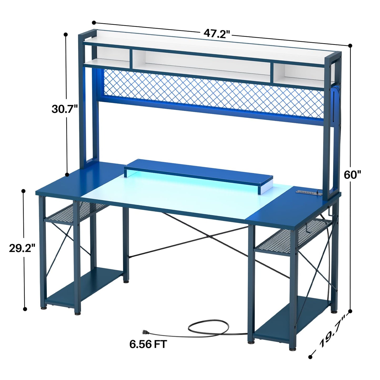 iSunirm 48 Gaming Desk with Hutch, Large Computer Desk with LED and Charging Station, Home Office Desk with Pegboard, Power Outlet, Storage and Monitor Stand, 48'' Gamer Desk PC Table, White