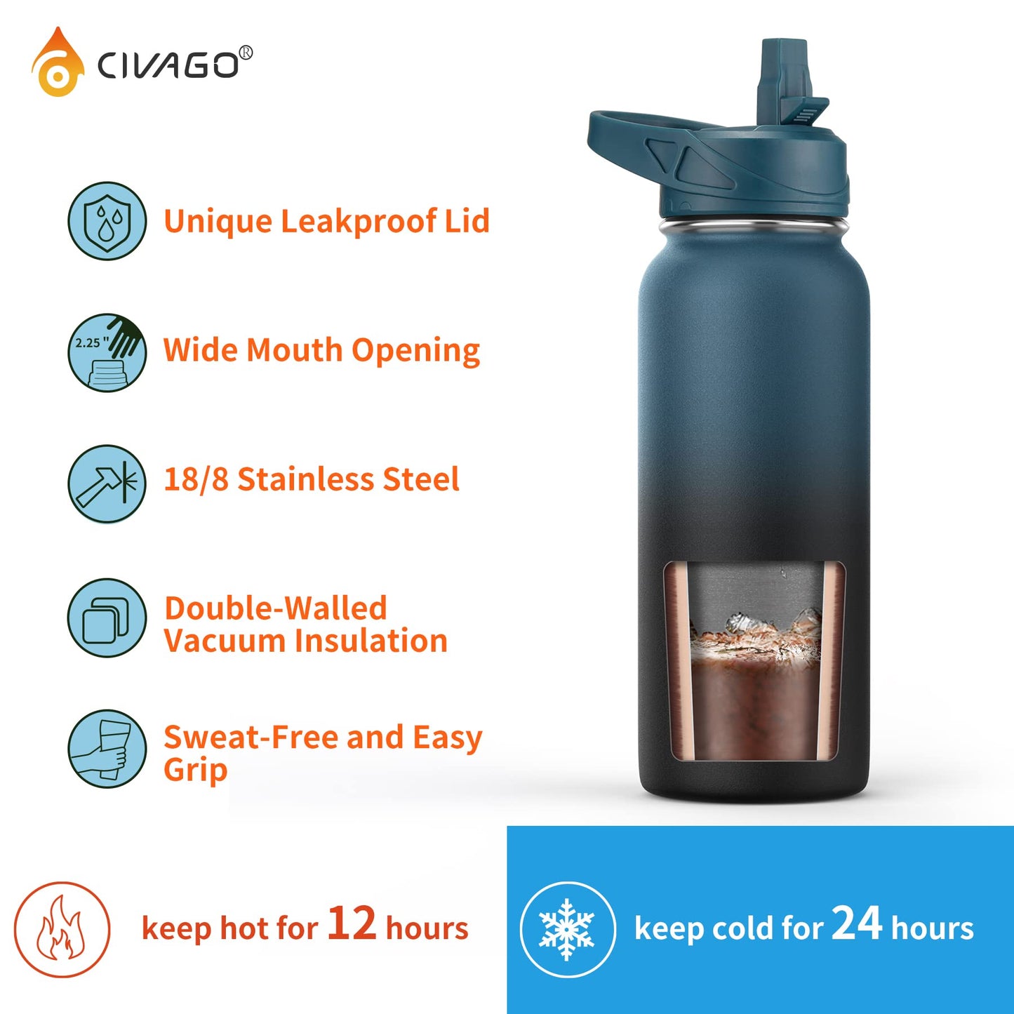 CIVAGO 40 oz Insulated Water Bottle With Straw, Stainless Steel Sports Water Cup Flask with 3 Lids (Straw, Spout and Handle Lid), Double Walled Travel Thermal Canteen Mug, Midnight Black