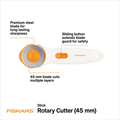 Fiskars 45mm Rotary Cutter for Fabric, Premium Steel Stick Fabric Cutter Cuts Through Multiple Layers, Right and Left Handed, Easy and Safe Blade Change, Arts and Crafts, Sewing and Quilting Tools