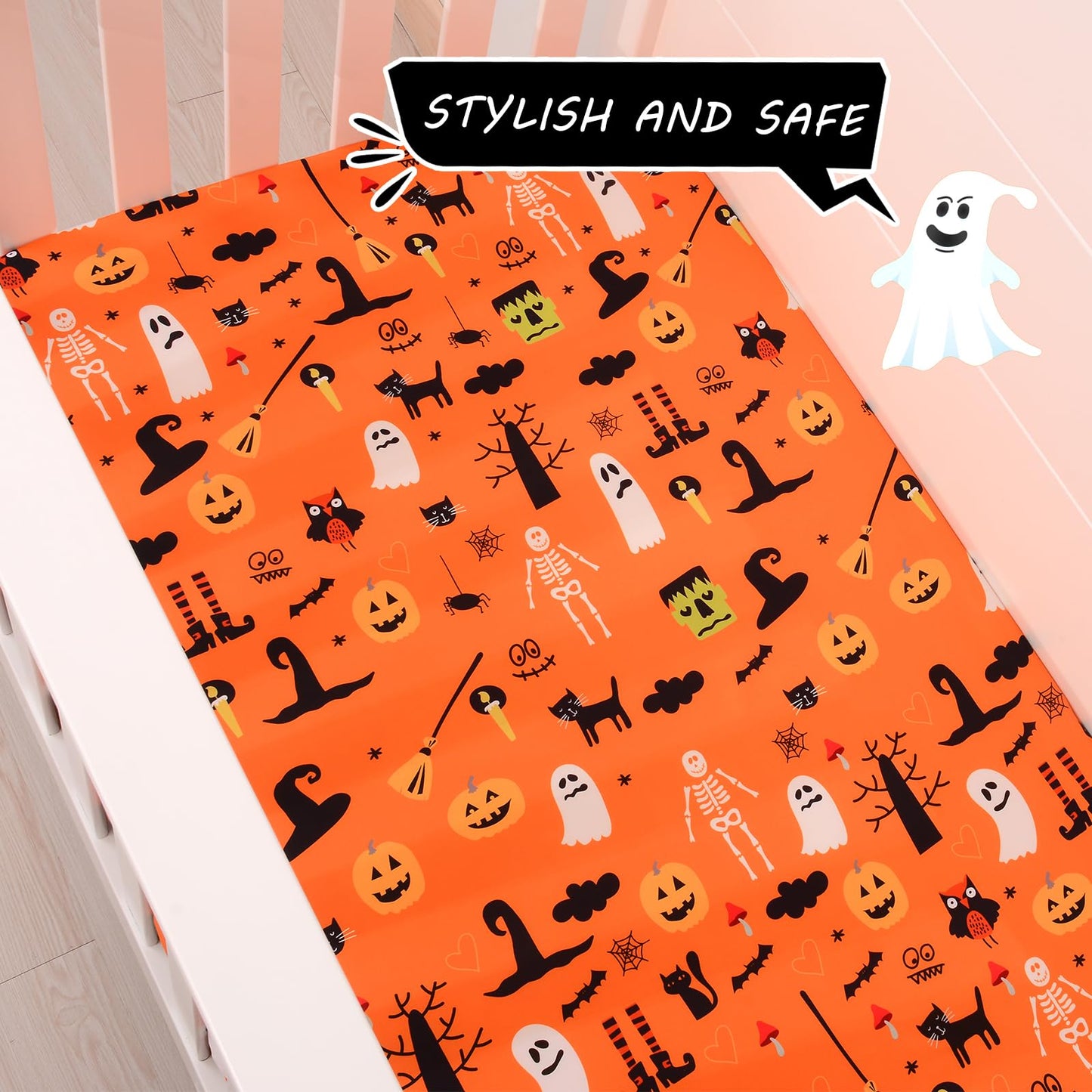 JISEN Baby Crib Sheet 1 Piece Portable Fitted Crib Sheet for Standard Crib and Toddler Mattresses Nursery Bed Decor for Boys Girls 28x52 Halloween Ghost