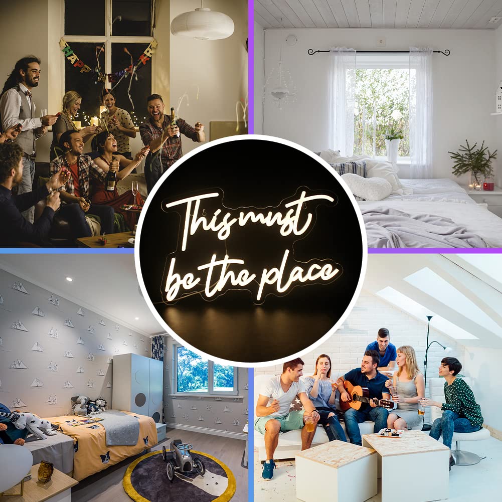 This Must Be The Place Neon Sign Warm White Letter Led Signs for Wall Decor Usb Word Light Up Signs for Bedroom Salon Man Cave Beer Home Bar Wedding Birthday Party Decor Gifts