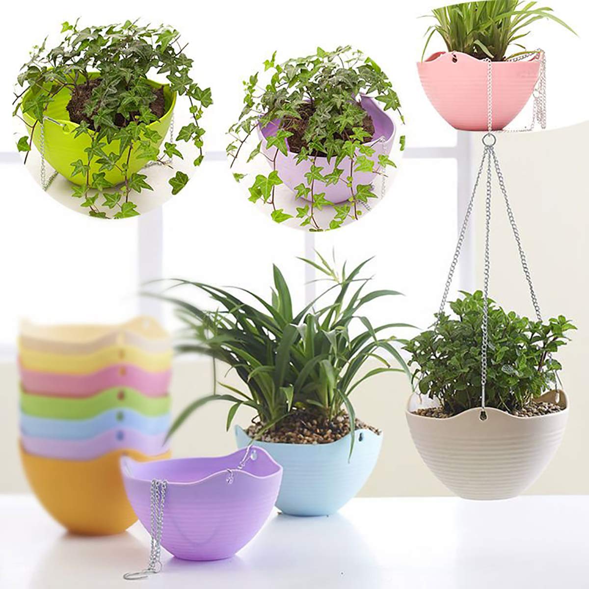 Foraineam Set of 7 Colors Self-Watering Hanging Planter Indoor Outdoor Garden Flower Plant Pot Container with Drainer and Hanging Chain