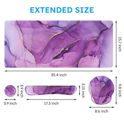 iCasso Purple Ergonomic Gaming Mouse Pad with Wrist Support, 4in1 XXL Large Desk Mat - Keyboard Wrist Rest + Mouse Wrist Rest + Coaster, Marble Style Desk Pad Mousepad