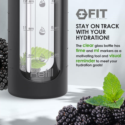 FIT Strong & Healthy 32 oz Glass Water Bottle with Time Marker & Silicone Sleeve - w/Handle & 2 Leakproof Lids Straw & Spout Lid, Wide Mouth, BPA Free 1 Liter Motivational Drinking Bottle, Black
