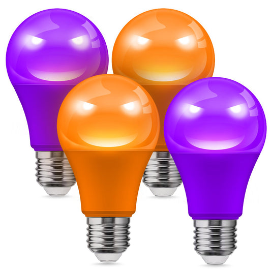 L LOHAS LED Halloween Orange Purple LED Light Bulbs Outdoor [4-Pack], 9W(60W Equivalent) A19 Orange Purple Colored Light Bulb Indoor, E26 Base, Not-Dim