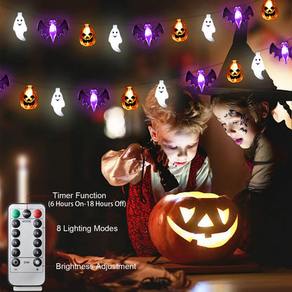 Halloween Lights Decorations, 16 FT 30 LED Waterproof 3D Pumpkin Bat Ghost Battery Operated String Lights with Timer, 8 Lighting Modes Fairy Light for Home Window Indoor Outdoor Halloween Party Decor