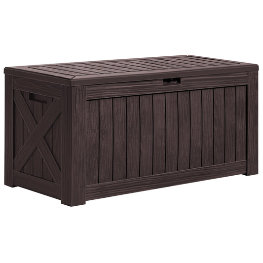 Greesum 120 Gallon Deck Box, Resin Outdoor Storage Container for Patio Furniture, Garden Tools, Pool Accessories, Weatherproof, Lockable, Brown