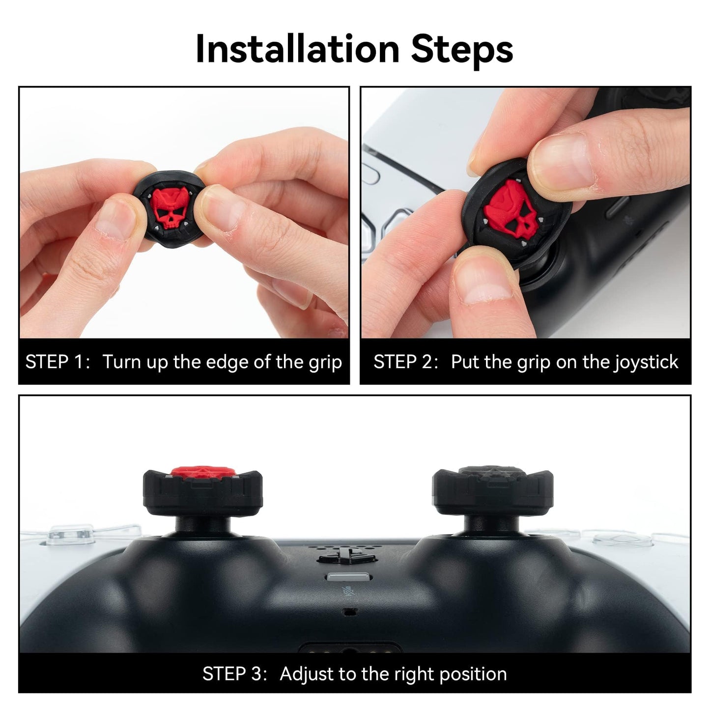 GeekShare Skull Thumb Grip Caps for PS5 Controller, Thumbsticks Cover Set Compatible with Switch Pro Controller and PS4/PS5, 2 Pairs / 4 Pcs (Black & Red)